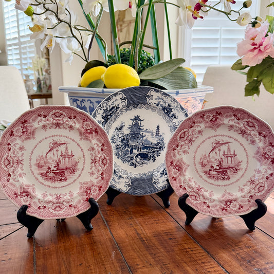 Pair 2 Designer Oriental antique English Chinese Pink Red Pagoda plates 7.25d