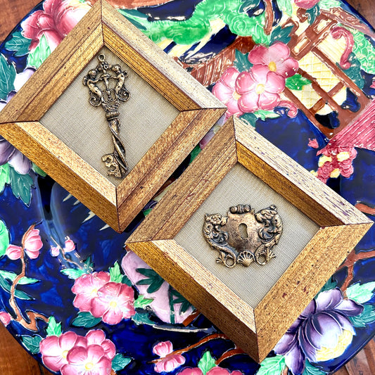 Set of two bold gold gothic lock and key frames art