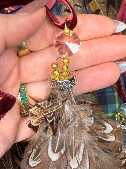 Handmade Pheasant Feather Mini-Christmas Tree Ornament W/ Vintage Crystal & Red Velour Ribbon