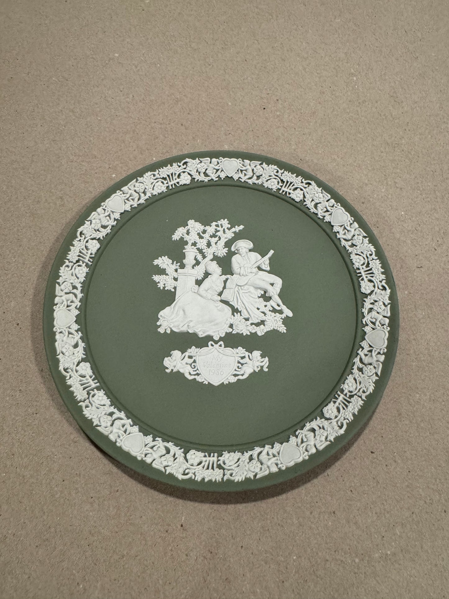 Wedgwood sage green Jasperware My Valentine Plate 1986