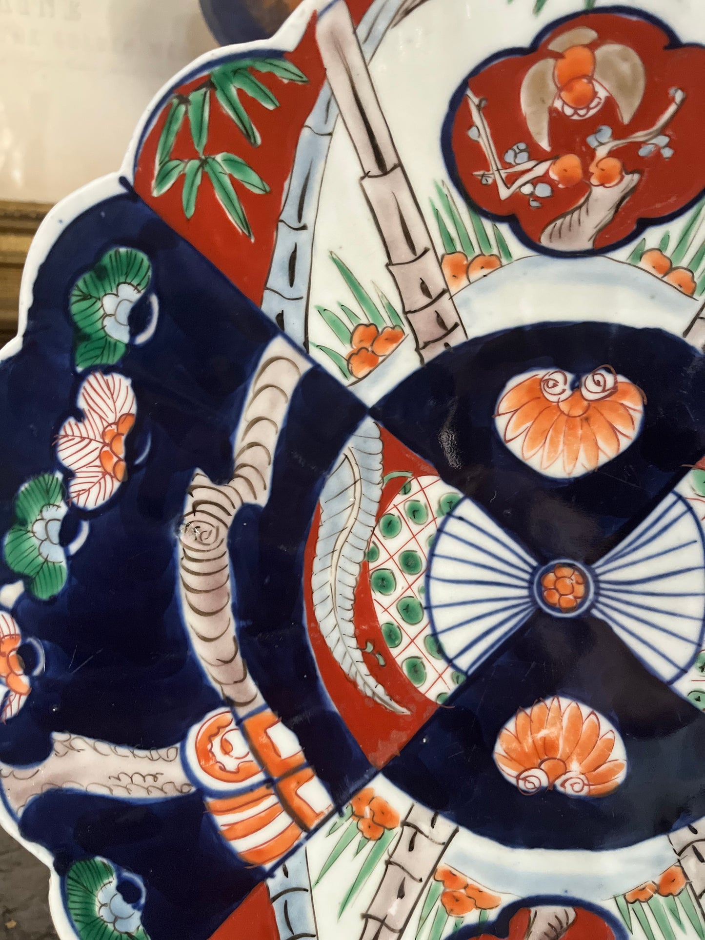 Rare Pattern Antique 12” Japanese Imari Scalloped Charger with Bats, Peaches & Fan Motifs - Circa 1870-1890 Arita