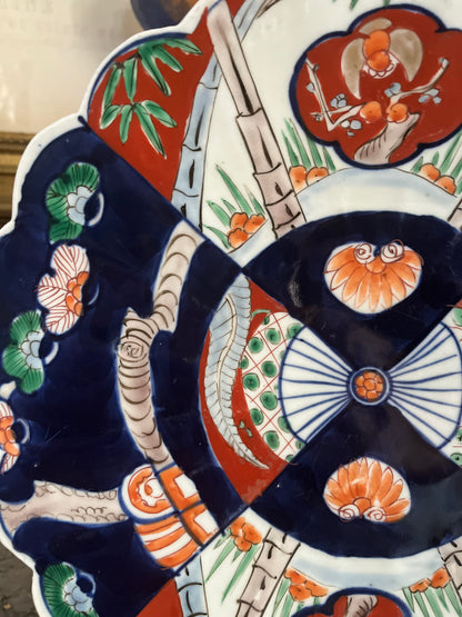 Rare Pattern Antique 12” Japanese Imari Scalloped Charger with Bats, Peaches & Fan Motifs - Circa 1870-1890 Arita