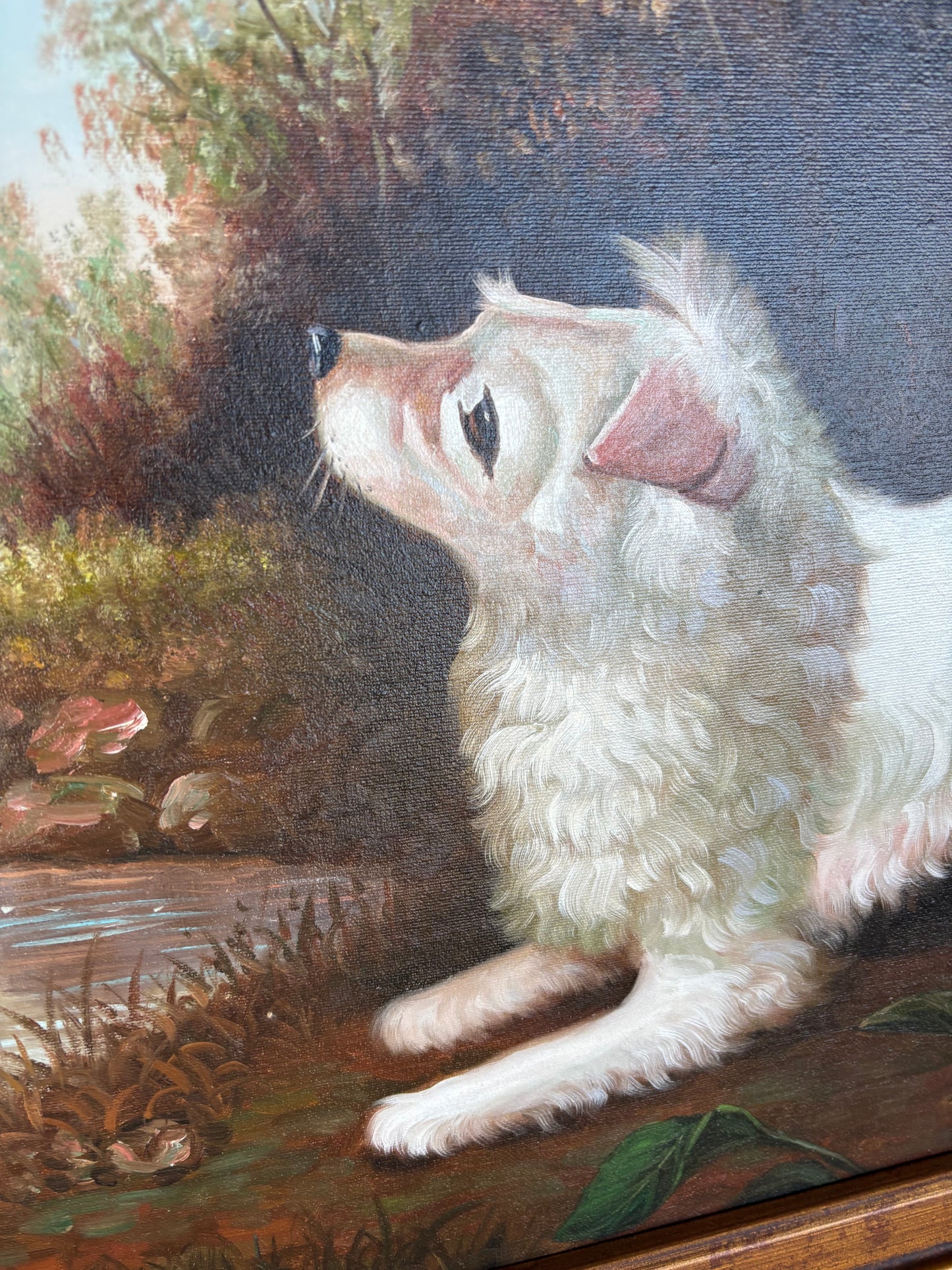 Beautiful signed painting of dog chasing a butterfly in ornate frame!