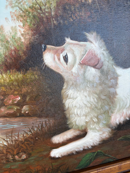 Beautiful signed painting of dog chasing a butterfly in ornate frame!