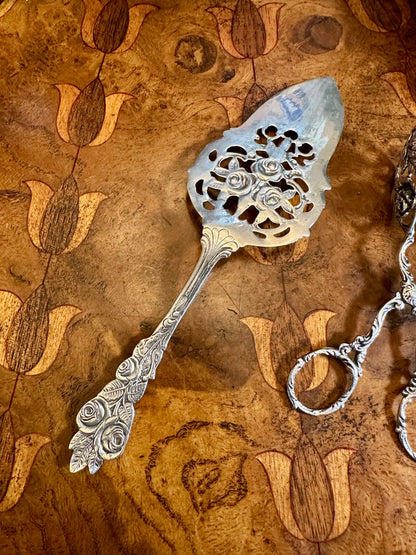 Antique German 800 Silver Rose-Handled Pastry Server, Hallmarked Early 20th Century