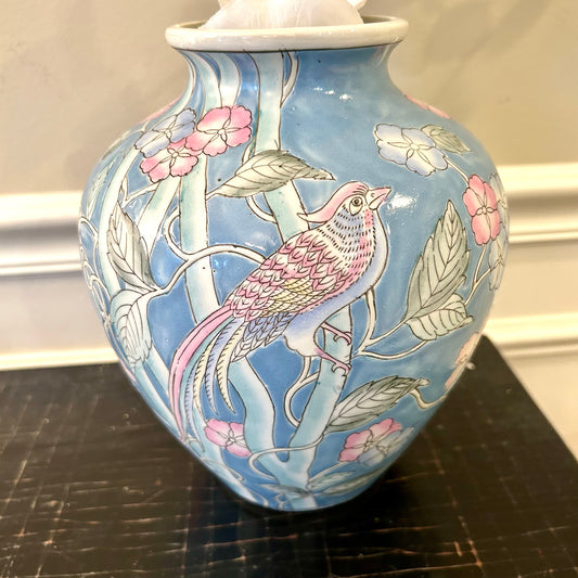 Vintage soft blue & white bird botanical chinoiserie ginger jar vase
