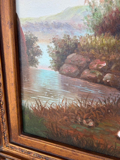 Beautiful signed painting of dog chasing a butterfly in ornate frame!