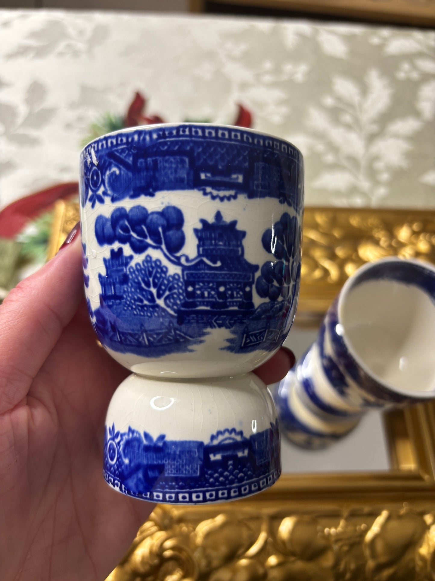 Lovely Blue Willow egg cups pair!
