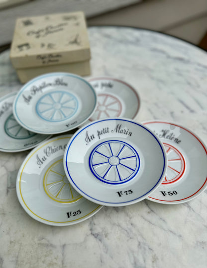 Vintage French Café Price Saucers (Tipping Plates) by Louis Lourioux for Le Faune | Complete Set of 6 with Original Box, circa 1940-1970