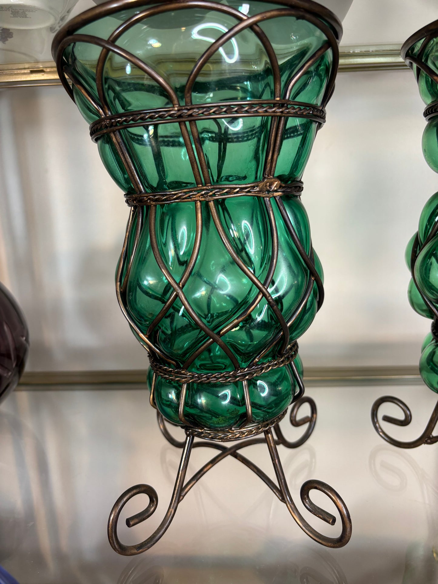 Gorgeous bubble glass in iron cage vases pair!