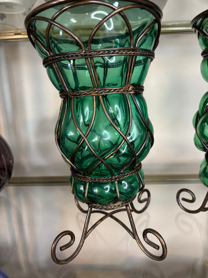 Gorgeous bubble glass in iron cage vases pair!