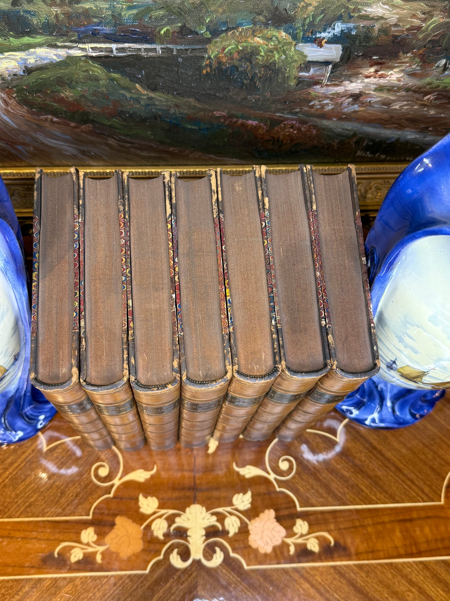 Antique Early 19th Century Latin Classical Library Book Collection, Set of 7 | Full Leather & Marbled Bindings | 1821–1823