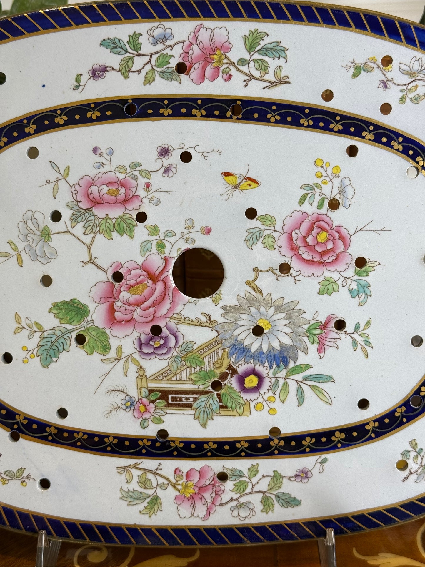 Hicks, Meigh & Johnson “Improved Stone China” Meat Drainer Platter, c.1830 | Floral & Cobalt Flow Blue | 12.5” x 9” | #DA4373