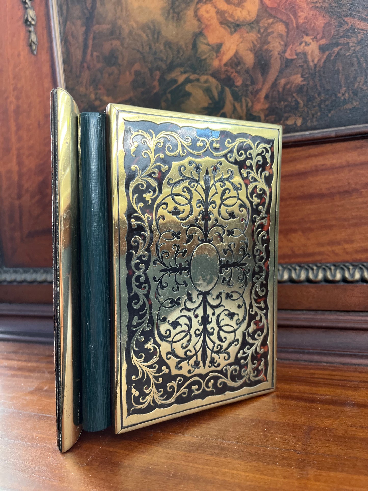 French Boulle-Style Aide de Mémoire in Red Tortoiseshell & Brass with Original Leather Interior