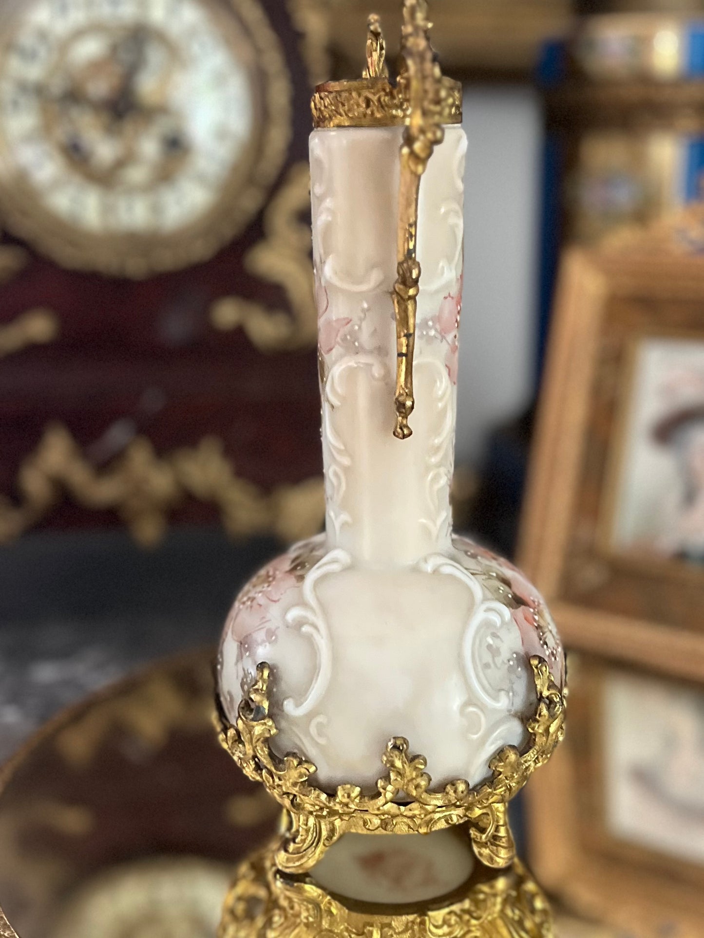Antique Wavecrest Bud Vase in Gilt Ormolu Mounts — C.F. Monroe, Hand-Painted Wild Roses