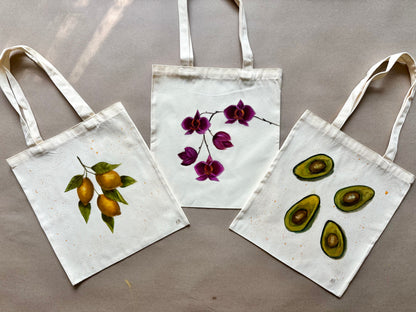 Avocado hand painted tote bag 15x14”