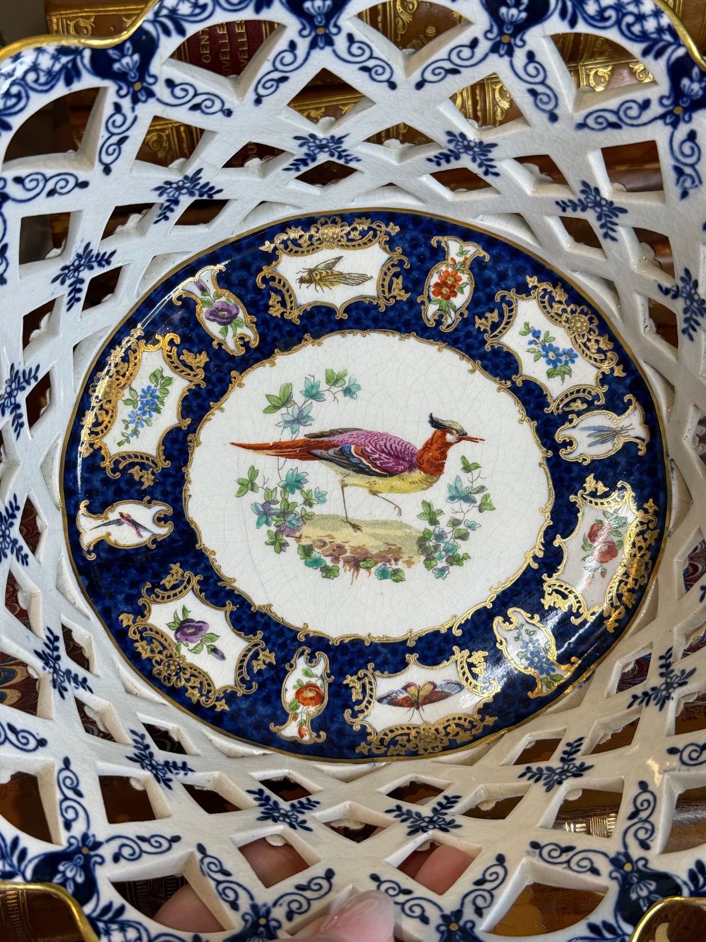 Rare Antique Booths Silicon China “Scale Blue” Exotic Birds Pierced Fruit Basket | 9” x 8”