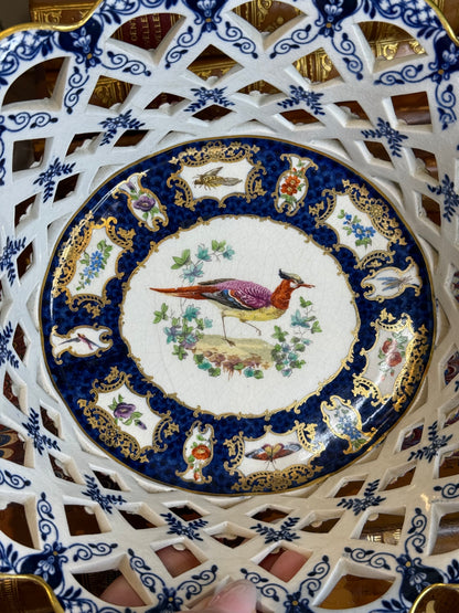 Rare Antique Booths Silicon China “Scale Blue” Exotic Birds Pierced Fruit Basket | 9” x 8”