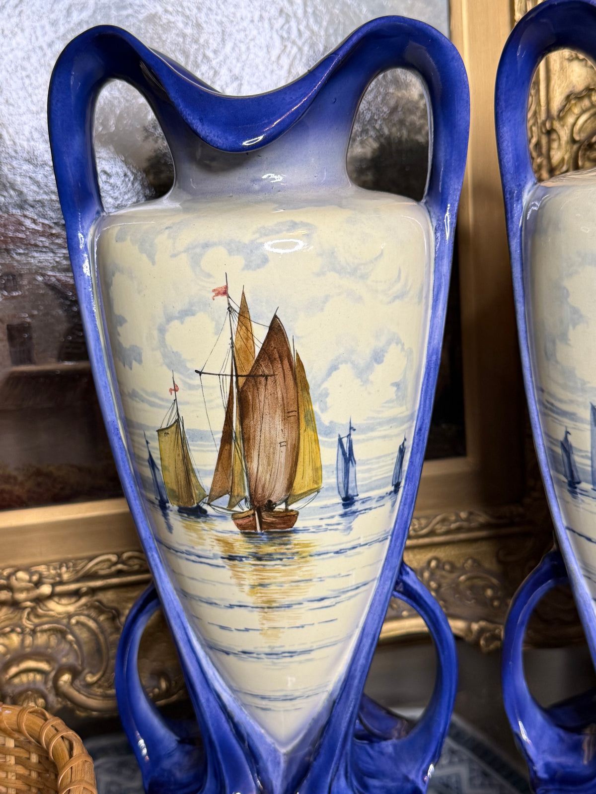 Antique 12.5” Tall Royal Bonn Franz Anton Mehlem Pair of Hand-Painted Maritime Vases | Model 2758 | c.1900 | DA4418