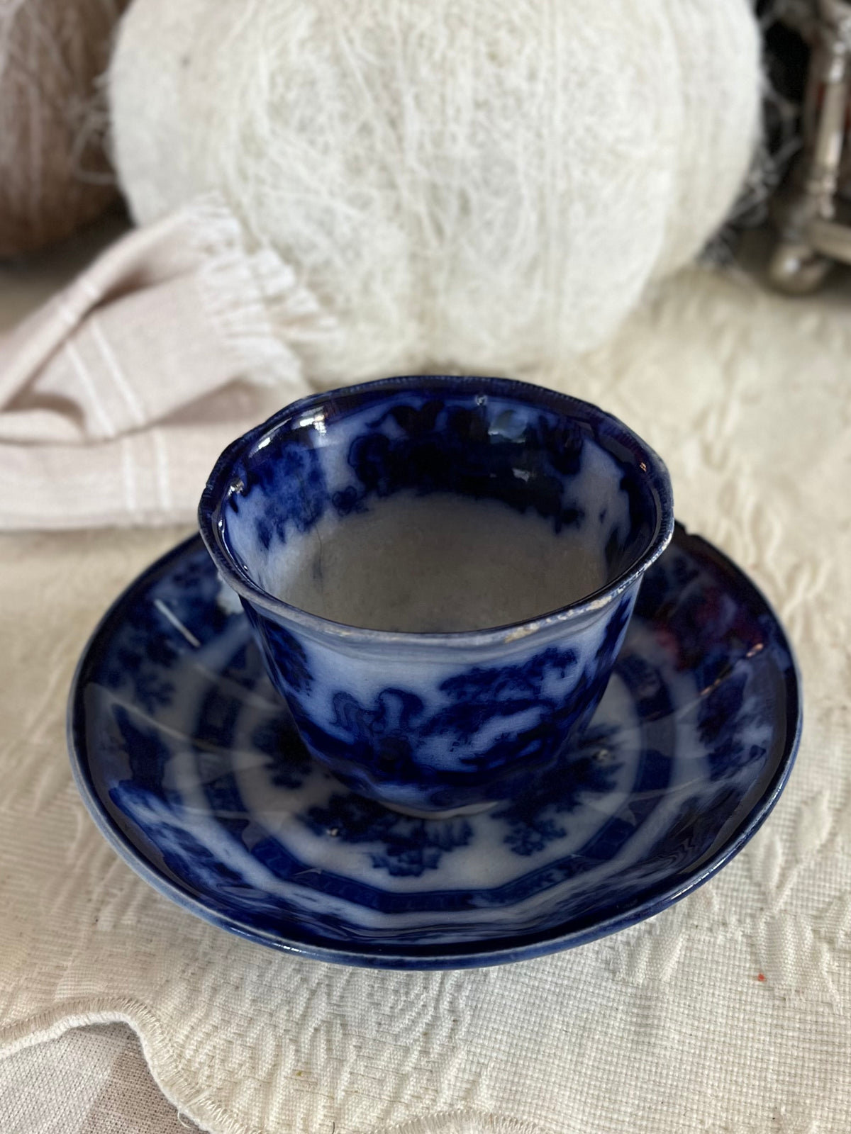 Early Victorian John Maddock Hindustan Flow Blue Tea Bowl & Saucer | 19th Century