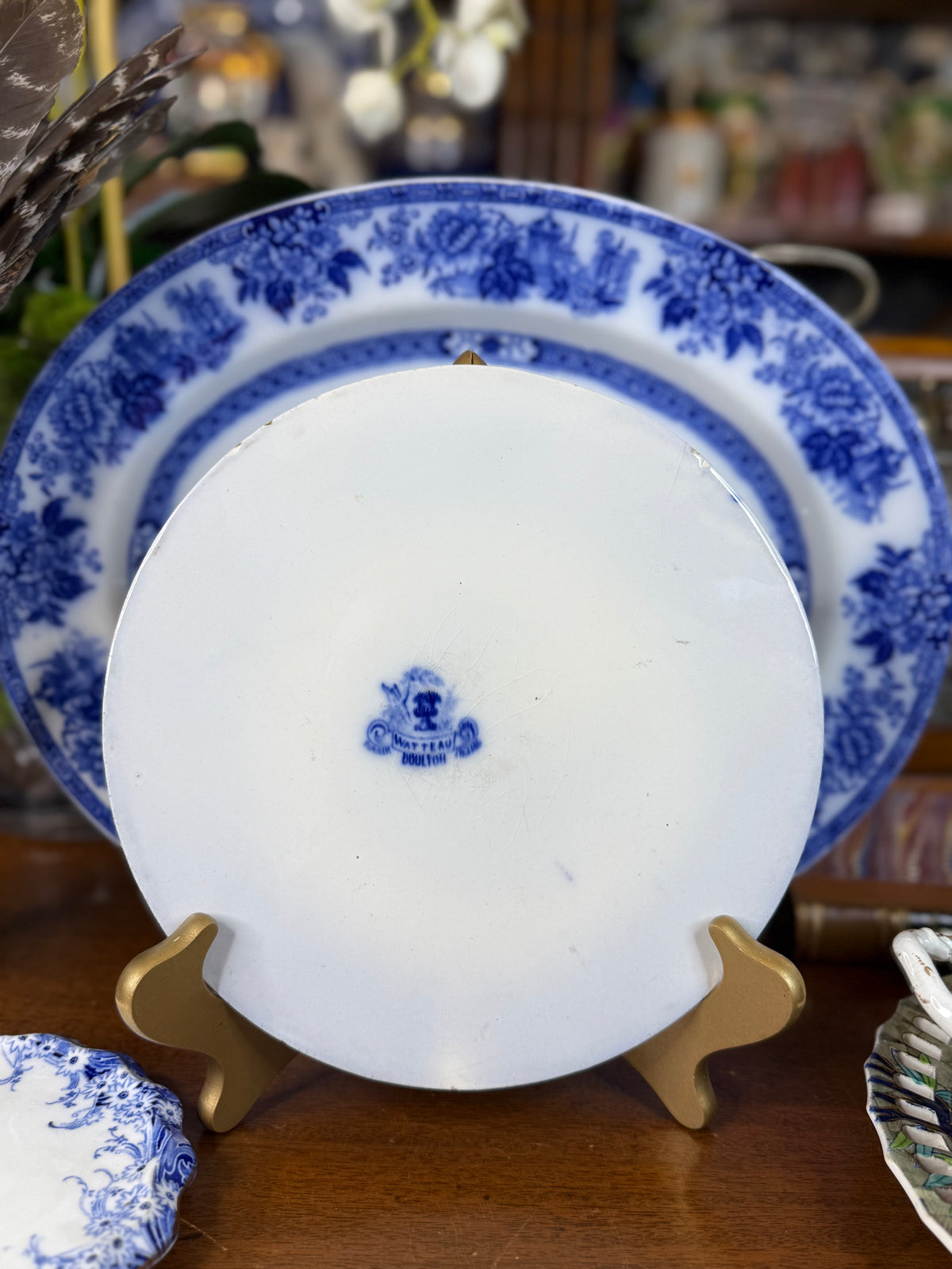 Royal Doulton Watteau Flow Blue Ceramic Stand | Blue & White | c.1900 | 9” D | #DA4588