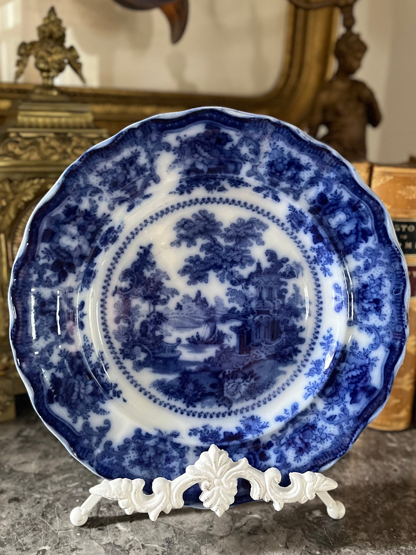 Live 09/01 Highly Collectible Circa 1824 Adams England Fairy Vistas Flow Blue Plate 10.5”