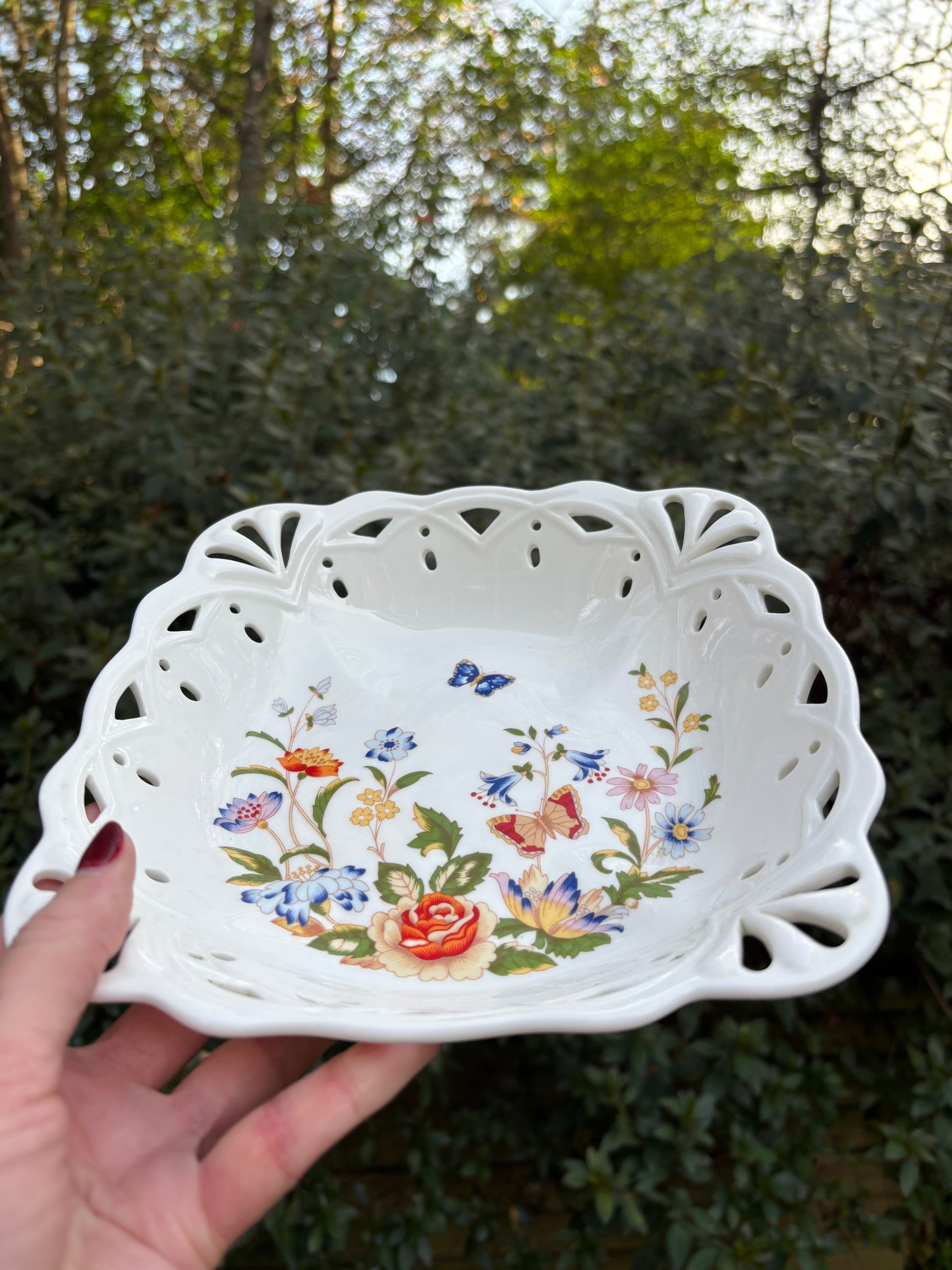 Vintage Aynsley Cottage Garden bone china pierced dish with florals and butterfly motif!