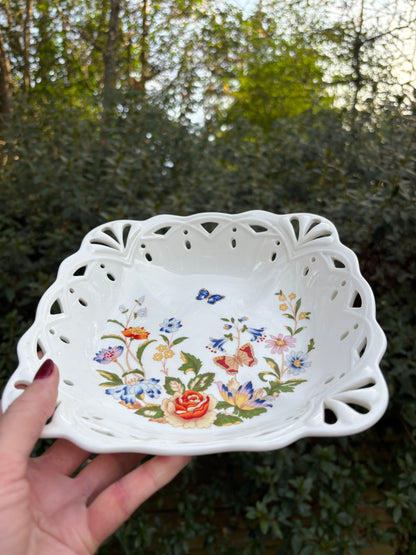 Vintage Aynsley Cottage Garden bone china pierced dish with florals and butterfly motif!