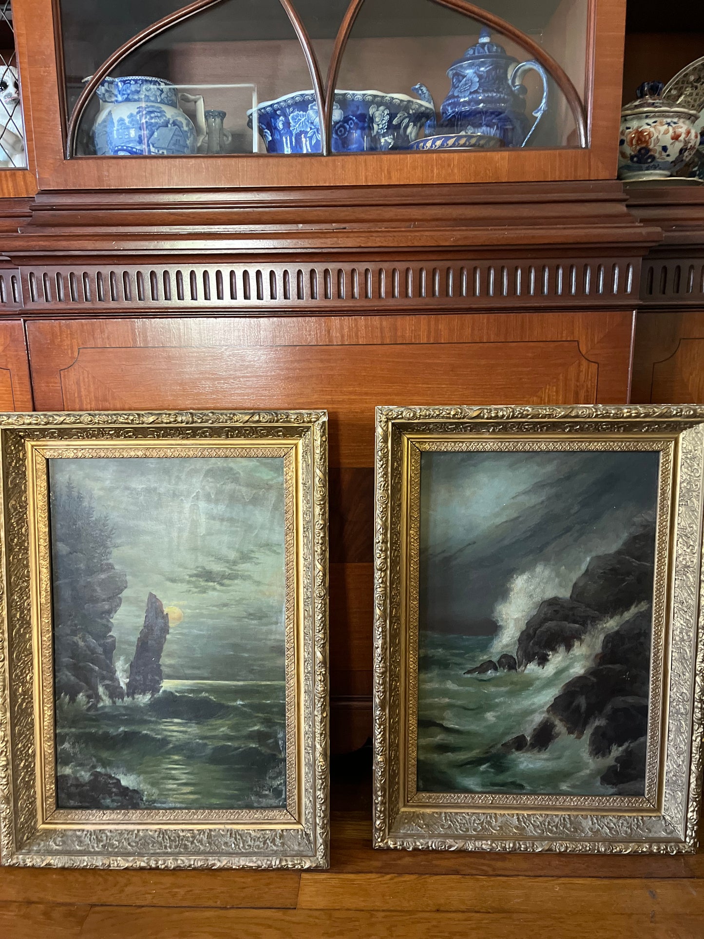 Sold Reserved Estate Antique Moody Coastal Seascape Original Fine Oil Paintings in Gilt Frames | Pair