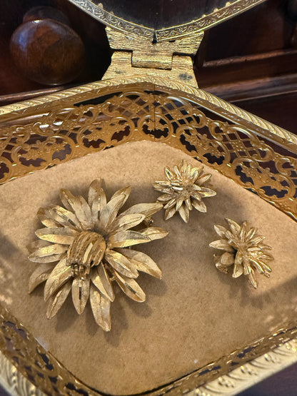 Vintage Signed BSK Brushed Gold Tone Flower Brooch & Clip Earring Set