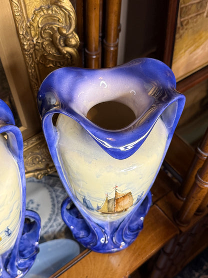 Antique 12.5” Tall Royal Bonn Franz Anton Mehlem Pair of Hand-Painted Maritime Vases | Model 2758 | c.1900 | DA4418