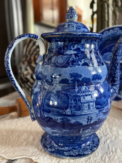 RESERVED - CGHOLL - Live 08/04 Early Historical Blue Transferware Coffee Pot Collectible Rare Double Transfer - Estate Collection
