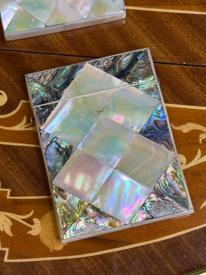RESERVED: Style D: Antique Harlequin style mother-of-pearl and abalone calling card case with beautiful iridescent detailing on both sides.
