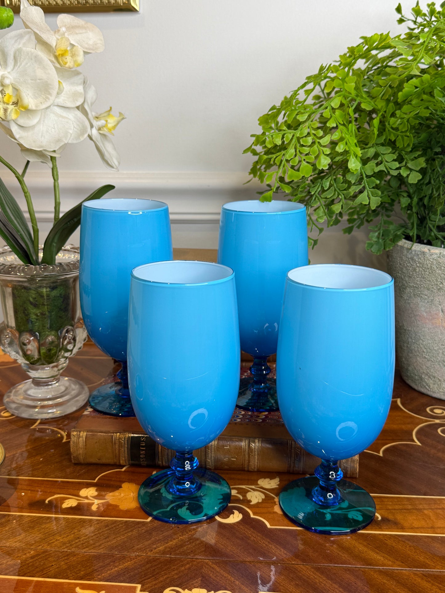 Set of (4) Carlo Moretti Blue Art Glass Water Goblets | Murano, Italy | 6.75”