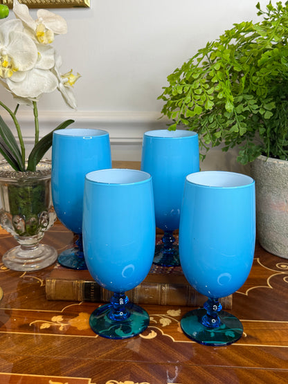 Set of (4) Carlo Moretti Blue Art Glass Water Goblets | Murano, Italy | 6.75”