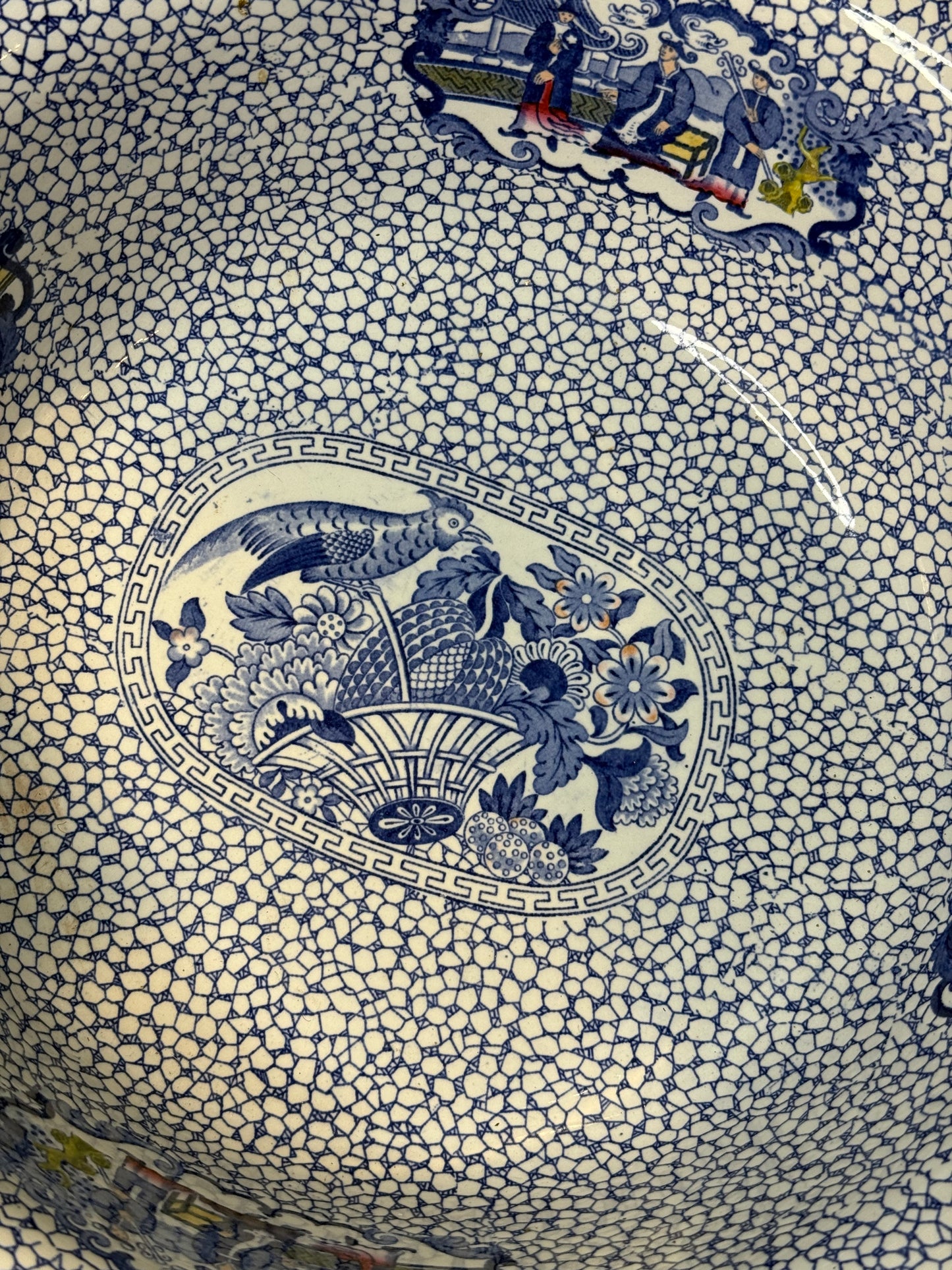 Antique Adams Chinese Bird Wash Basin | Large Blue & White English Transferware Bowl | 15”