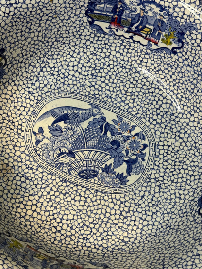 Antique Adams Chinese Bird Wash Basin | Large Blue & White English Transferware Bowl | 15”