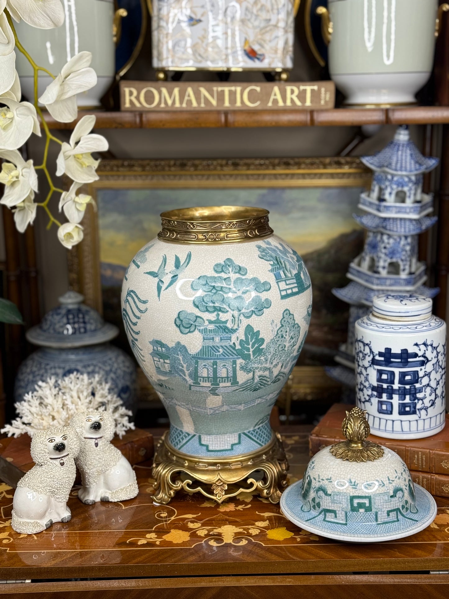 Danny's Fine Porcelain: Turquoise Willow Pattern Bronze Ormolu Temple Jar: 19”Tall,10Lx10W
