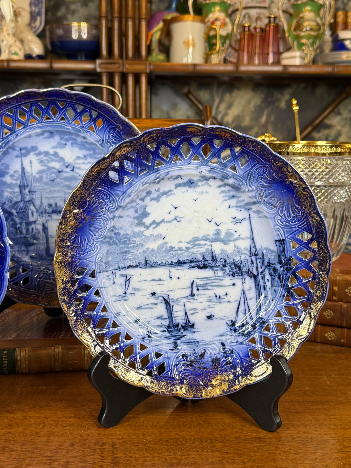 Antique Set of 3 Empire Porcelain Co. Pierced Blue & White City View Plates | Circa 1896–1912 | 9" Diameter #DA4516