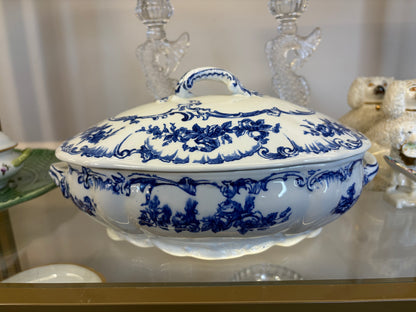 Stunning antique Ridgeways Royal Semi Porcelain lidded tureen in the Lorraine pattern, featuring intricate blue and white floral transferware and decorative side handles!