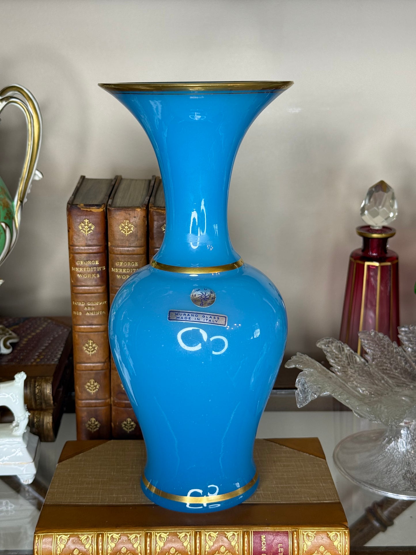 Vintage Murano Cenedese Turquoise Blue Opaline Glass Vase with Gold Trim | 10” Tall