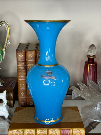 Vintage Murano Cenedese Turquoise Blue Opaline Glass Vase with Gold Trim | 10” Tall