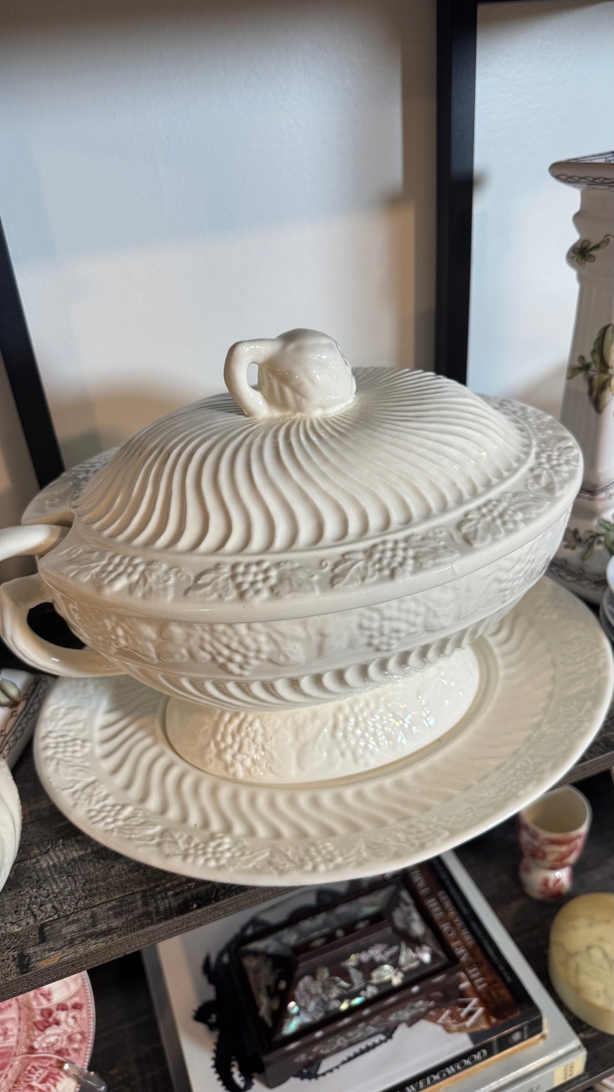 Vintage Ivory Embossed Soup Tureen with Ladle and Underplate