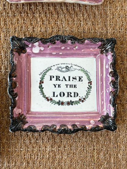 WCCR Charitable Item #118 | Antique Pink Lustre Ceramic Wall Plaque | “Praise Ye the Lord” | Copper Lustre Border | 9” x 8.5”