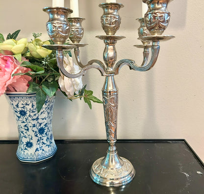 Single spectacular heavy silver plate bow & baroque triple candelabra