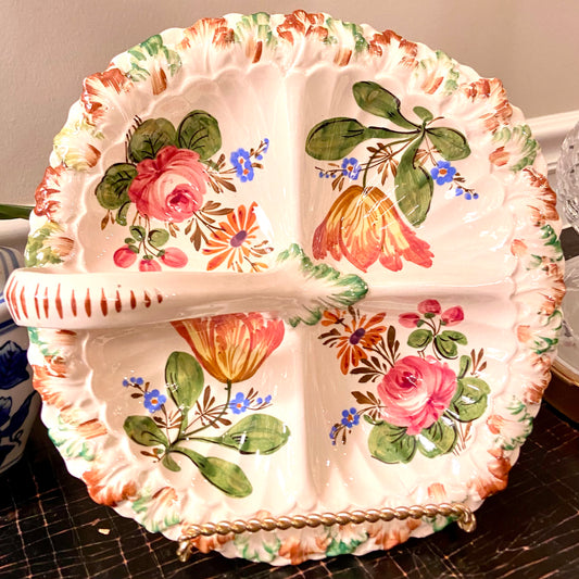 Delightful 4 section hand painted Italian platter with handle