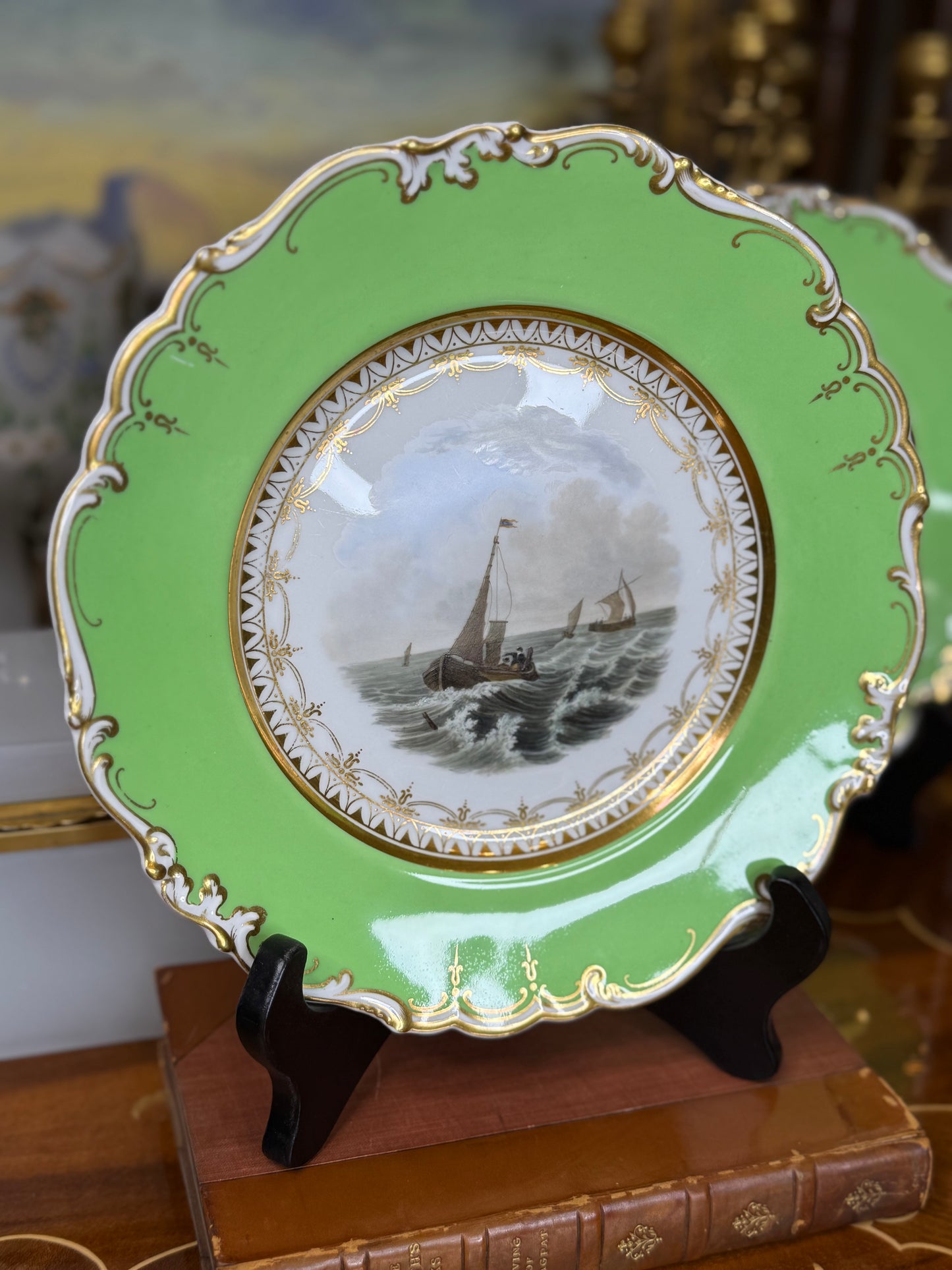 Pair of Ridgway Seascape Plates, c. 1870 | Green-Ground with Gilt, 9” Diameter