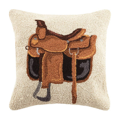 Equestrian Bag Hook Hand-Hooked Wool Accent Pillow with Velvet Backing | 18” Square