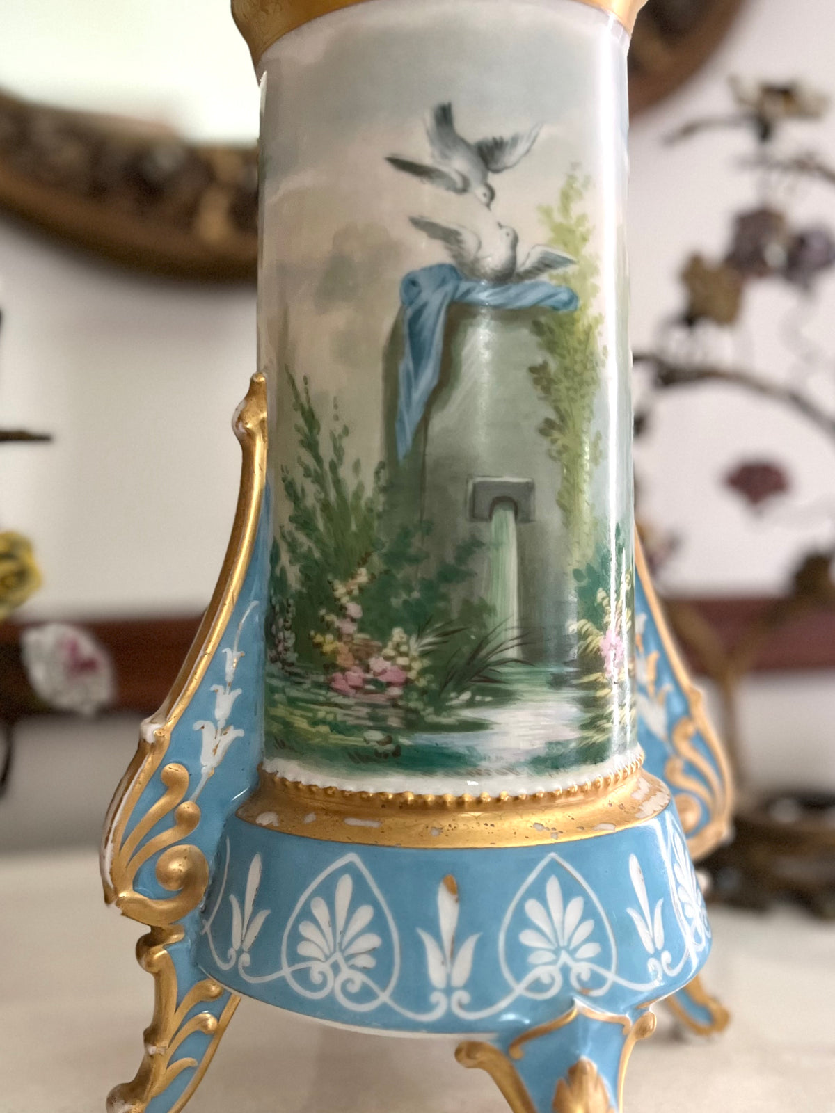 Antique French Paris Porcelain Tripod Vase, Bleu Céleste, Hand-Painted Maiden & Cupid, c. 1870