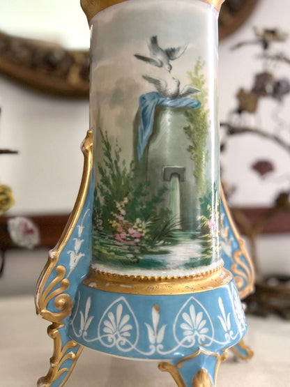 Antique French Paris Porcelain Tripod Vase, Bleu Céleste, Hand-Painted Maiden & Cupid, c. 1870